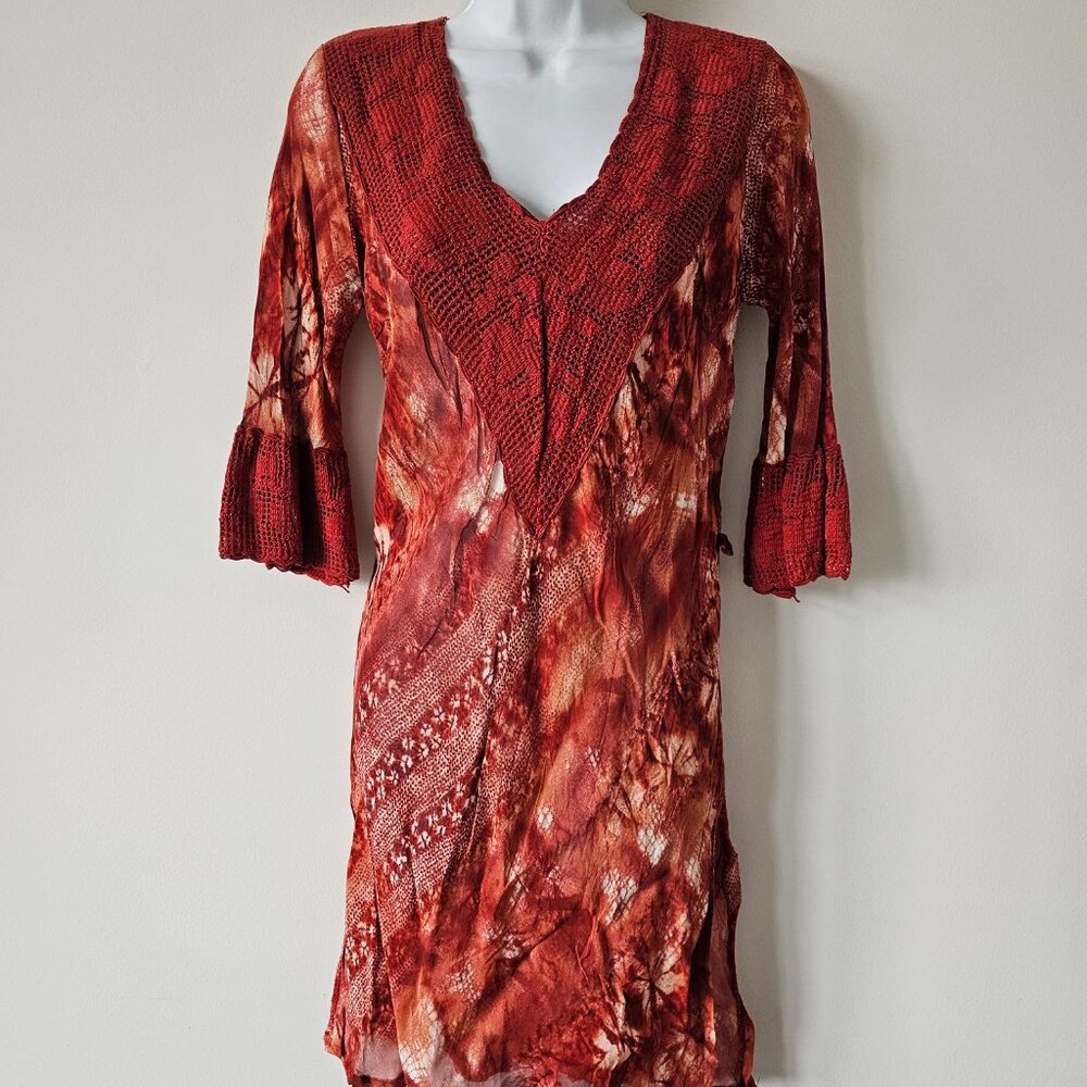MISQUI Red Multi Viscose Wide V Neck Crinkle Tunic Top Small Made in Italy